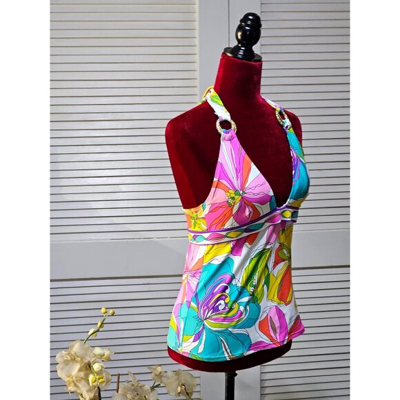 Trina Turk Women's Kaleidoscope Floral Print Halter Tankini Top Size 8 2585 - Picture 4 of 10